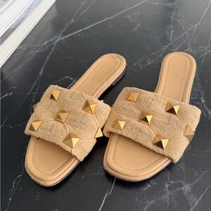 Valentino Garavani Tan Sandals with Gold Studs